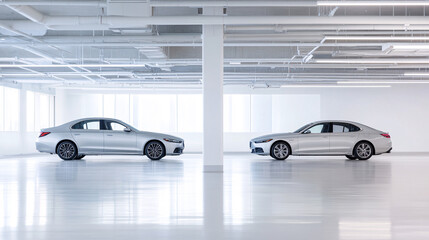 Obraz premium wo cars parked in a brightly lit parking garage, featuring a silver sedan with a sleek sunroof on the left. A white support column stands centered in the background, separating the vehicles. The