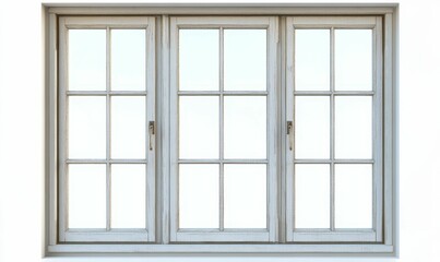 Distressed white window, three panes, gridded glass.