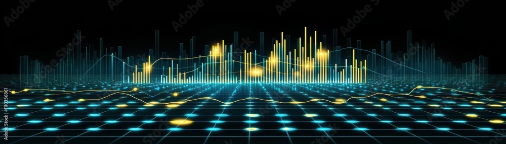 Poster a vibrant digital soundwave visualization with yellow peaks and a grid background, representing audi