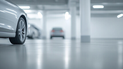 A bright parking garage scene showcasing a silver sedan with a sunroof parked on the left. A white...