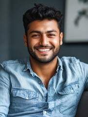Obraz premium Portrait of happy mid adult man sitting on sofa at home. Handsome latin man in casual relaxing on couch and smiling. Cheerful indian guy looking at camera.