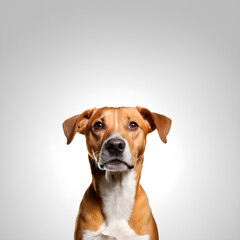 Funny dog looking at camera, isolated on grey background with copy space