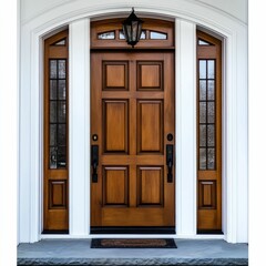 Elegant arched entryway, wood door, sidelights, lantern.