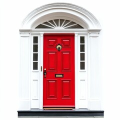 Fototapeta premium Red door, white frame, arched entryway.