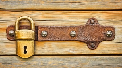 Antique Brass Padlock on Rustic Wooden Door