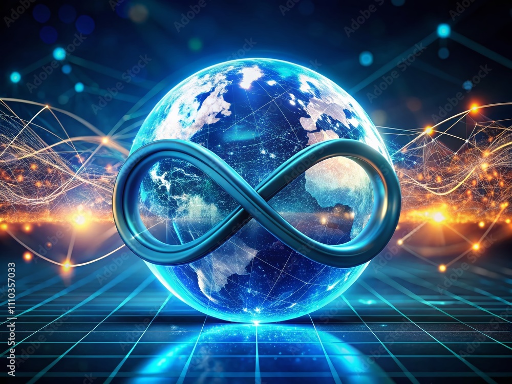 Poster minimalist representation of metaverse technology and virtual reality with an infinite symbol, showc