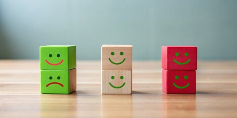 Minimalist Representation of Customer Feedback with Green Happy and Red Sad Wooden Blocks in a Contemporary Setting, Highlighting Emotional Response in Business Interactions