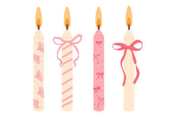Birthday cake candles set. Pink and beige coquette accessories for holiday. Vector flat illustration collection isolated on white background.