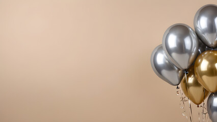 Bunch of silver balloons on beige background