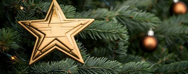 Golden Star Ornament on Festive Christmas Tree