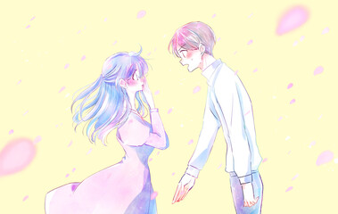 告白する男性とうれしい女性　風　桜吹雪