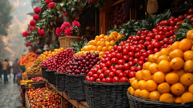 Vibrant fruits displayed at a colorful market stall