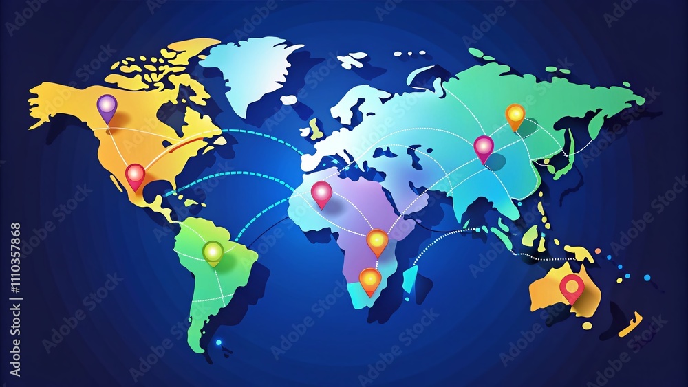 Poster minimalist world map with location pin for navigation and logistics, highlighting transport routes a