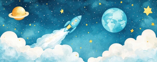 Cute cartoon-style space adventure with rocket and planets