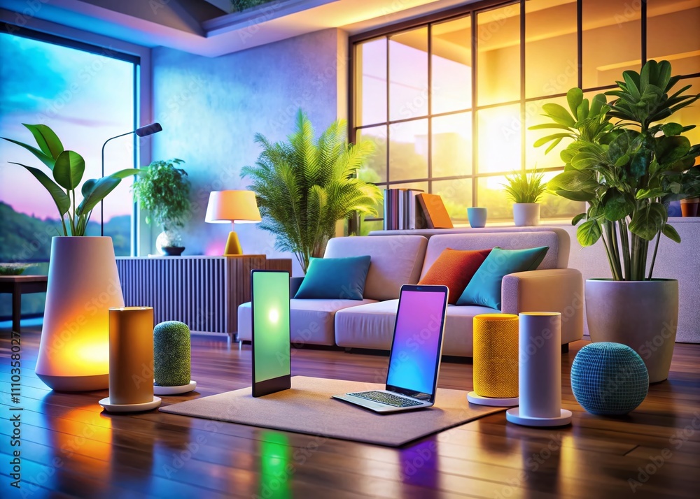 Poster mockup devices in a modern interior setting with 3d rendering for visual representation of technolog