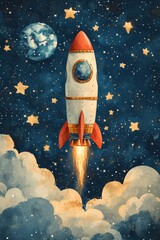 Naklejka premium Whimsical rocket launching into the starry night sky with clouds