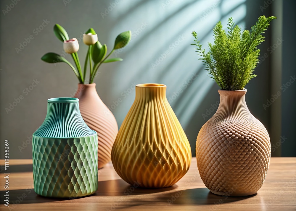 Poster modern 3d printed ceramic vases in low light: emphasizing minimalist home decor aesthetic with soft 