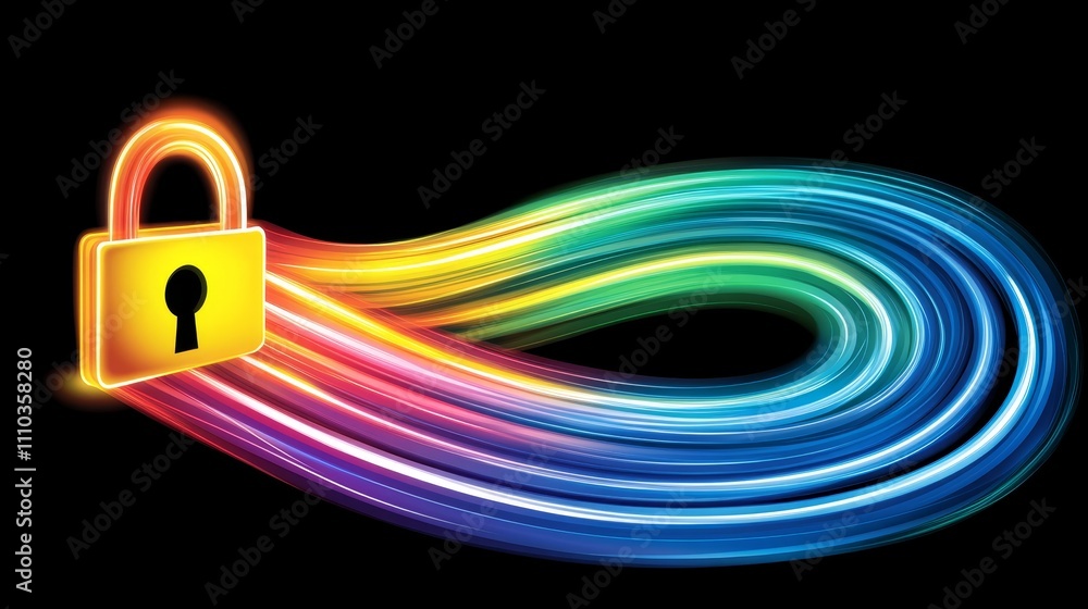 Poster secure data flow abstract rainbow stream with padlock