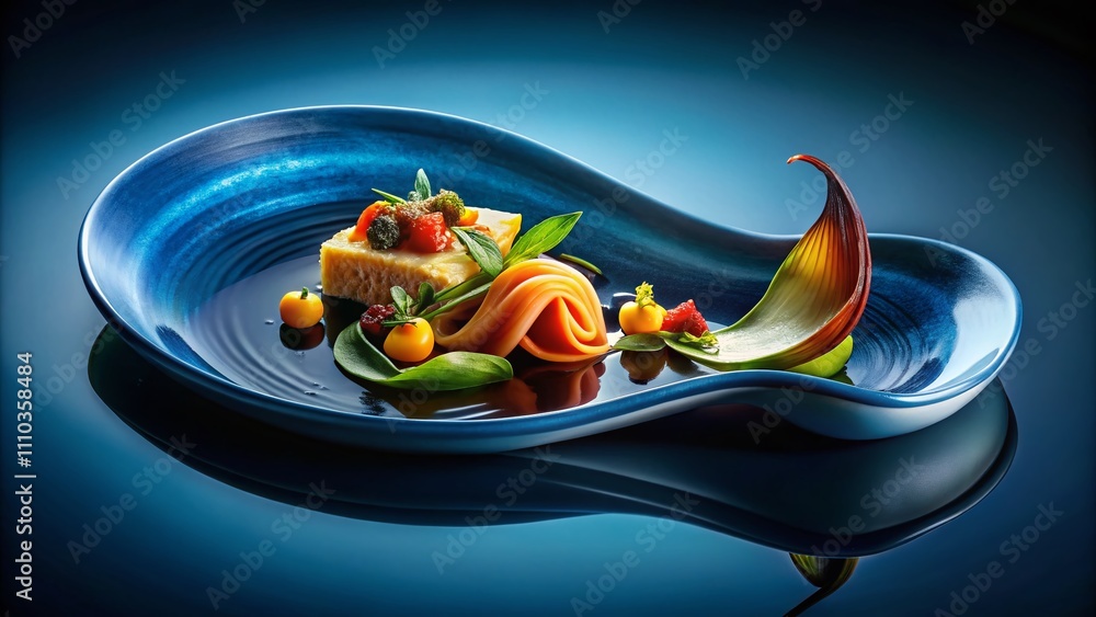 Poster modern abstract food photography on gradient navy blue background with elegant curves and dynamic wa