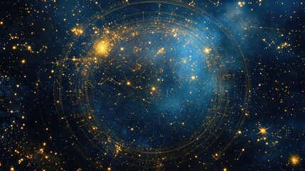 Zodiac wheel of golden stars glowing in a vivid night sky full of constellations, evoking celestial wonder.