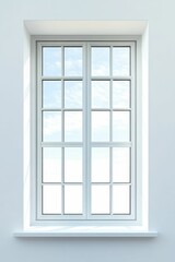 Obraz premium White window frame, panes, and sill; bright sky view.