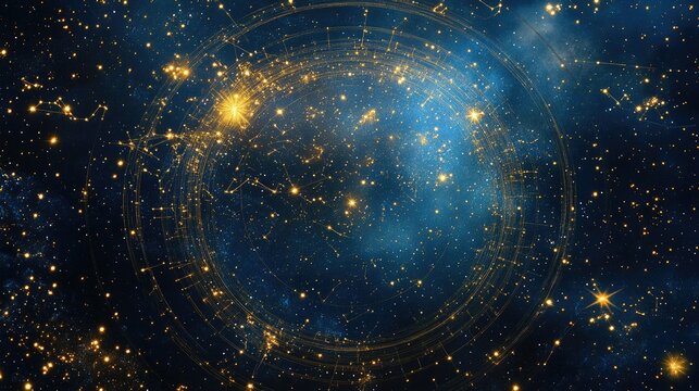 Zodiac wheel of golden stars glowing in a vivid night sky full of constellations, evoking celestial wonder.