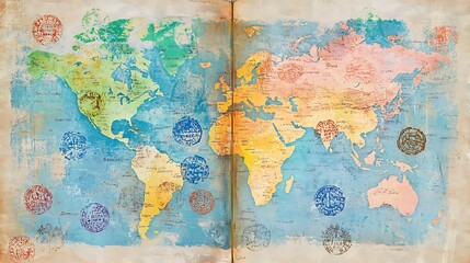 Watercolor world map on aged paper with colorful stamps.