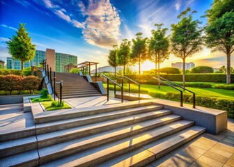 Fototapeta premium Modern Architectural Design of Outdoor Exercise Steps in a Park Setting for Fitness Enthusiasts with a Clear Sky and Greenery Surrounding