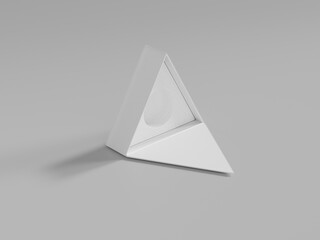 Fototapeta premium Triangle shape box mockup, flip-open empty designs triangle box cosmetic packaging with product lock tray inside, luxury geometry shape storage, high-end product magnetic packaging premium gift box