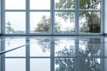 Fototapeta premium Shiny floor reflects trees seen through window.