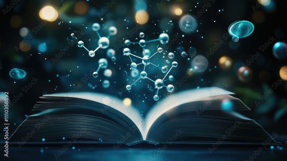 Poster open book with a detailed holographic display of atomic and molecular structures hovering