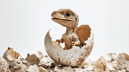 Obraz premium Newly hatched baby dinosaur emerging from its egg, surrounded by shell pieces, on a white backdrop