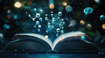 Open book with a detailed holographic display of atomic and molecular structures hovering