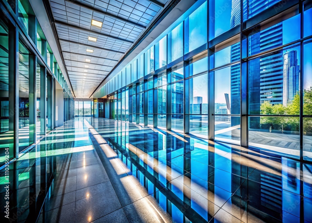 Poster modern corporate corridor with expansive glass windows creating dynamic shadows on glossy floor in a