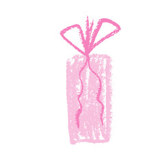 Crayon gift box. Chalk present with bow. Valentine day pink decoration. Coquette doodle style. Vector illustration isolated on white background