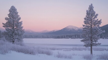 Fototapeta premium Winter landscape with snow-covered trees and mountains at dawn near a frozen lake