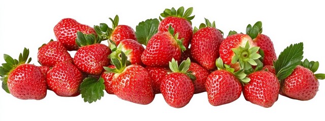 A cluster of fresh strawberries with leaves, isolated white background, abstract art style
