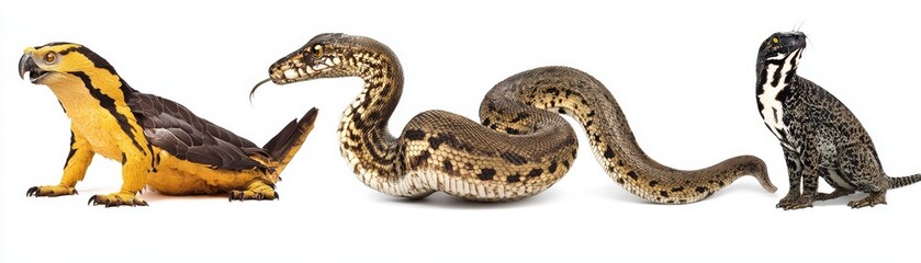 Obraz premium Exotic Animals Parrot Snake and Lizard on White Background