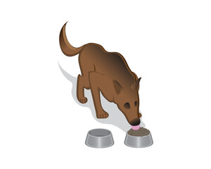 vector design cartoon illustration of a dog eating food from a round food container made of iron and there is a container for drinking next to it