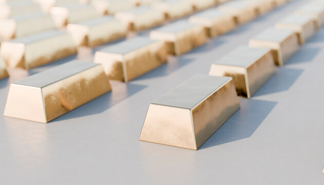 Shiny gold bars arranged in rows on a reflective surface