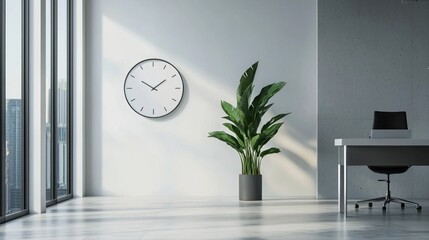 A circular clock on a white wall with minimalist design, showing the time in a quiet office setting