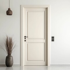 White door, hanging lamp, vase, dried plants.