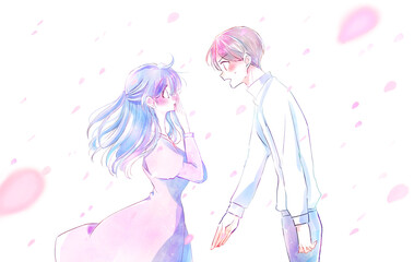 告白する男性とうれしい女性　風　桜吹雪