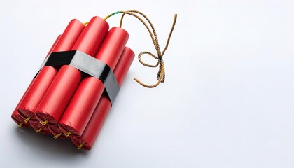 Dynamite is an explosive made of nitroglycerin, sorbents such as powdered shells or clay, and stabilizers in long red form of cardboard cylinders. Isolated on white background with copy space