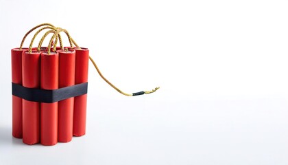 Dynamite is an explosive made of nitroglycerin, sorbents such as powdered shells or clay, and stabilizers in long red form of cardboard cylinders. Isolated on white background with copy space