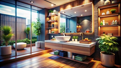 Modern Loft Bathroom with Basin in 3D Render: A Tilt-Shift Perspective of a Stylish Interior Design Featuring Sleek Fixtures and Elegant Finishes for Contemporary Living Spaces