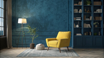 tylish yellow armchair in a teal living room with bookshelves.