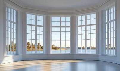 Obraz premium Empty room, large windows, water view, hardwood floor.