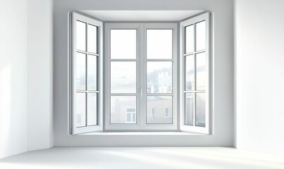 White room, bay window, city view.