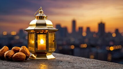 Fototapeta premium Golden lantern and dates fruit with dawn sky and city bokeh light background for the Muslim feast of the holy month of Ramadan Kareem.